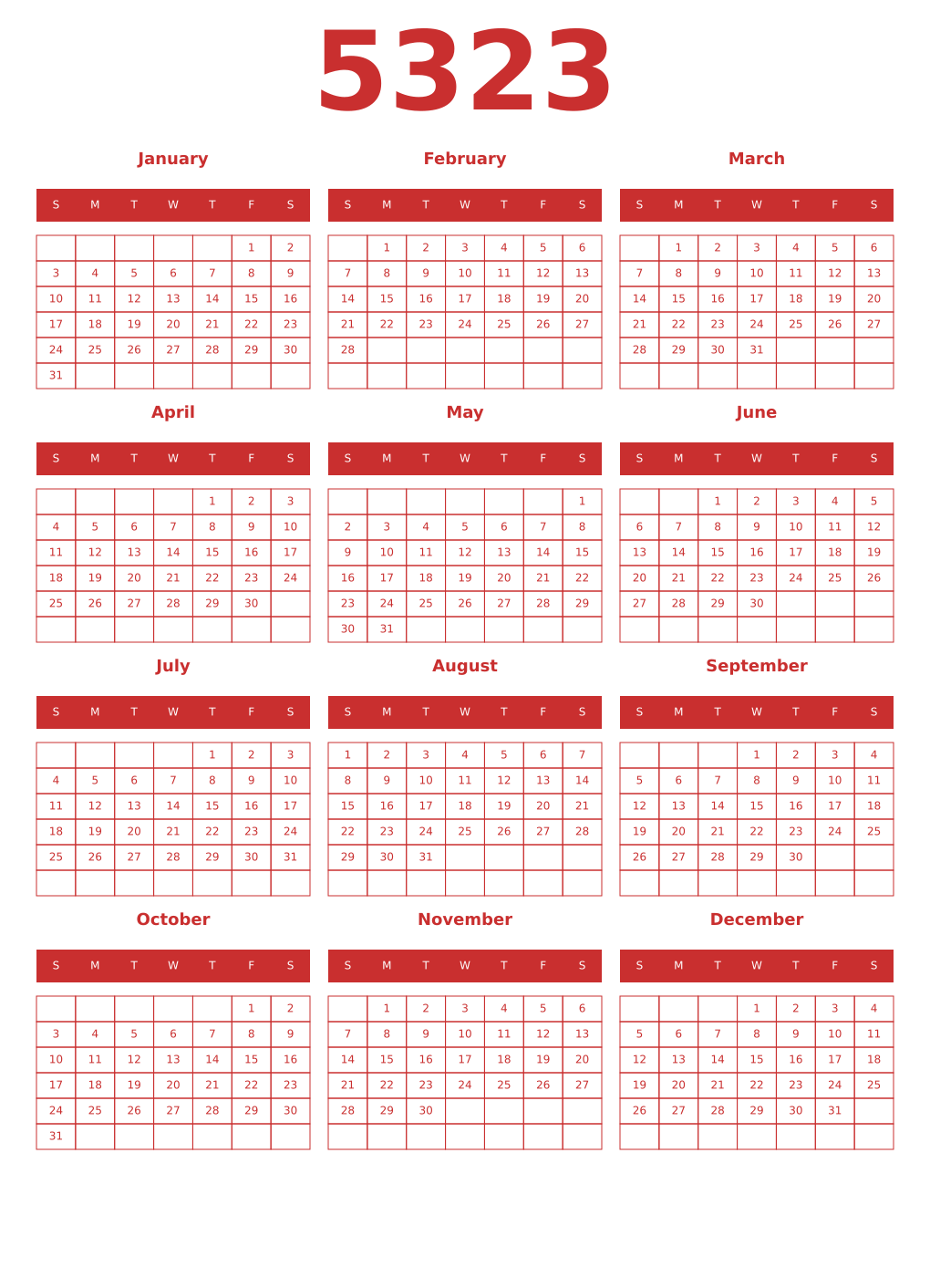 Printable 5323 Year Calendars red