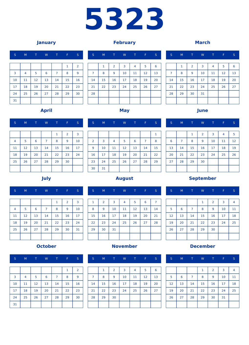 Printable 5323 Year Calendars smalt