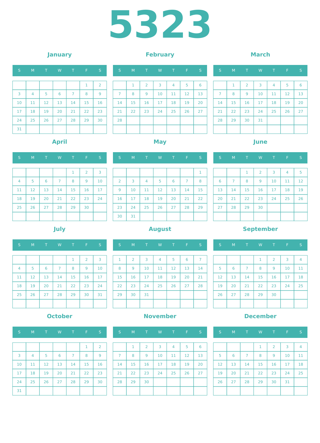 Printable 5323 Year Calendars verdigris