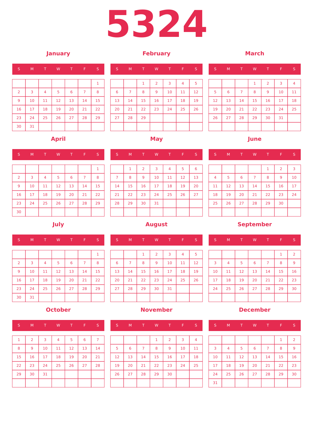 Printable 5324 Year Calendars amaranth