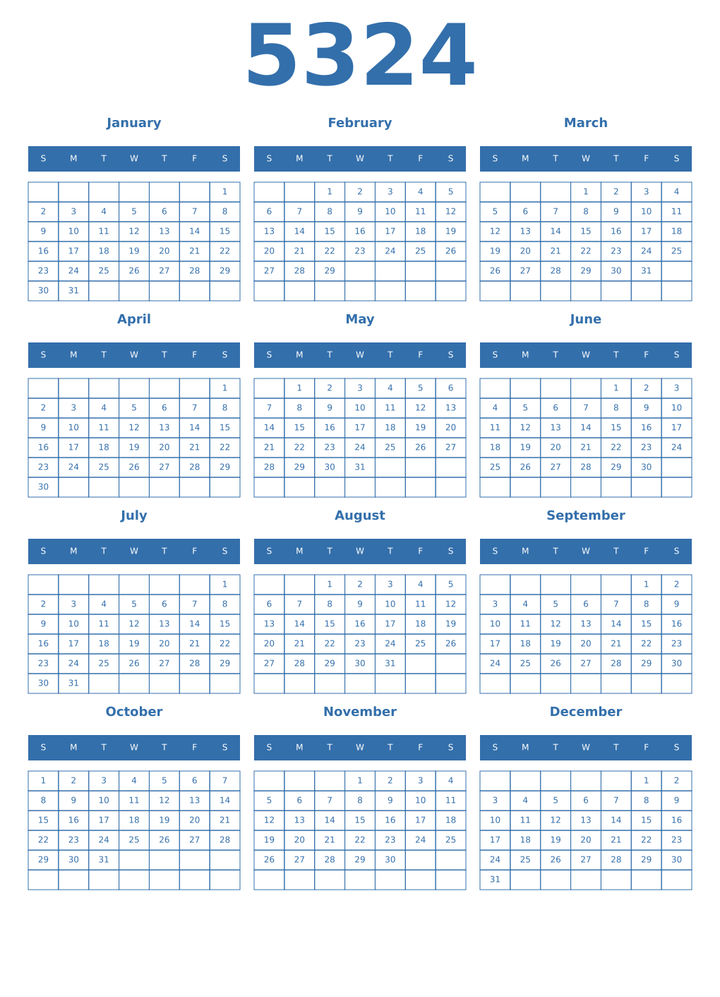 Printable 5324 Year Calendars blue
