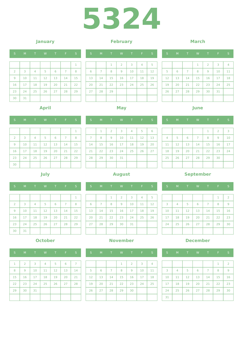 Printable 5324 Year Calendars celadon