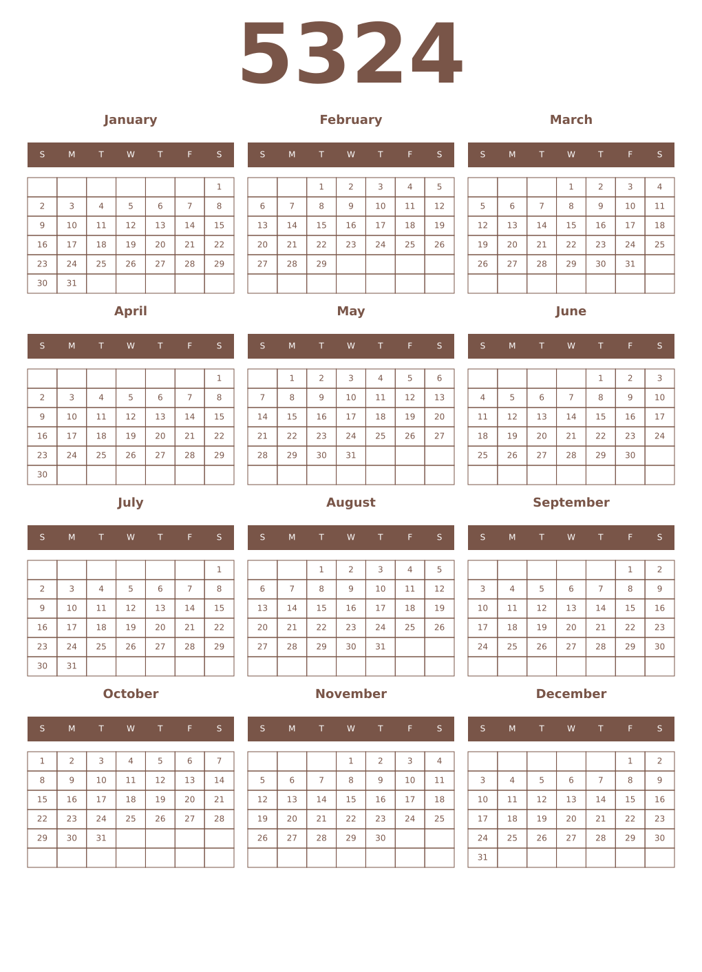 Printable 5324 Year Calendars coffe
