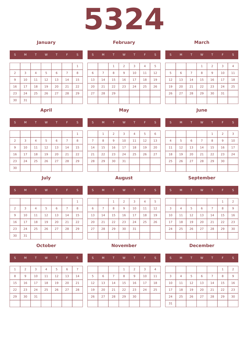 Printable 5324 Year Calendars cordovan