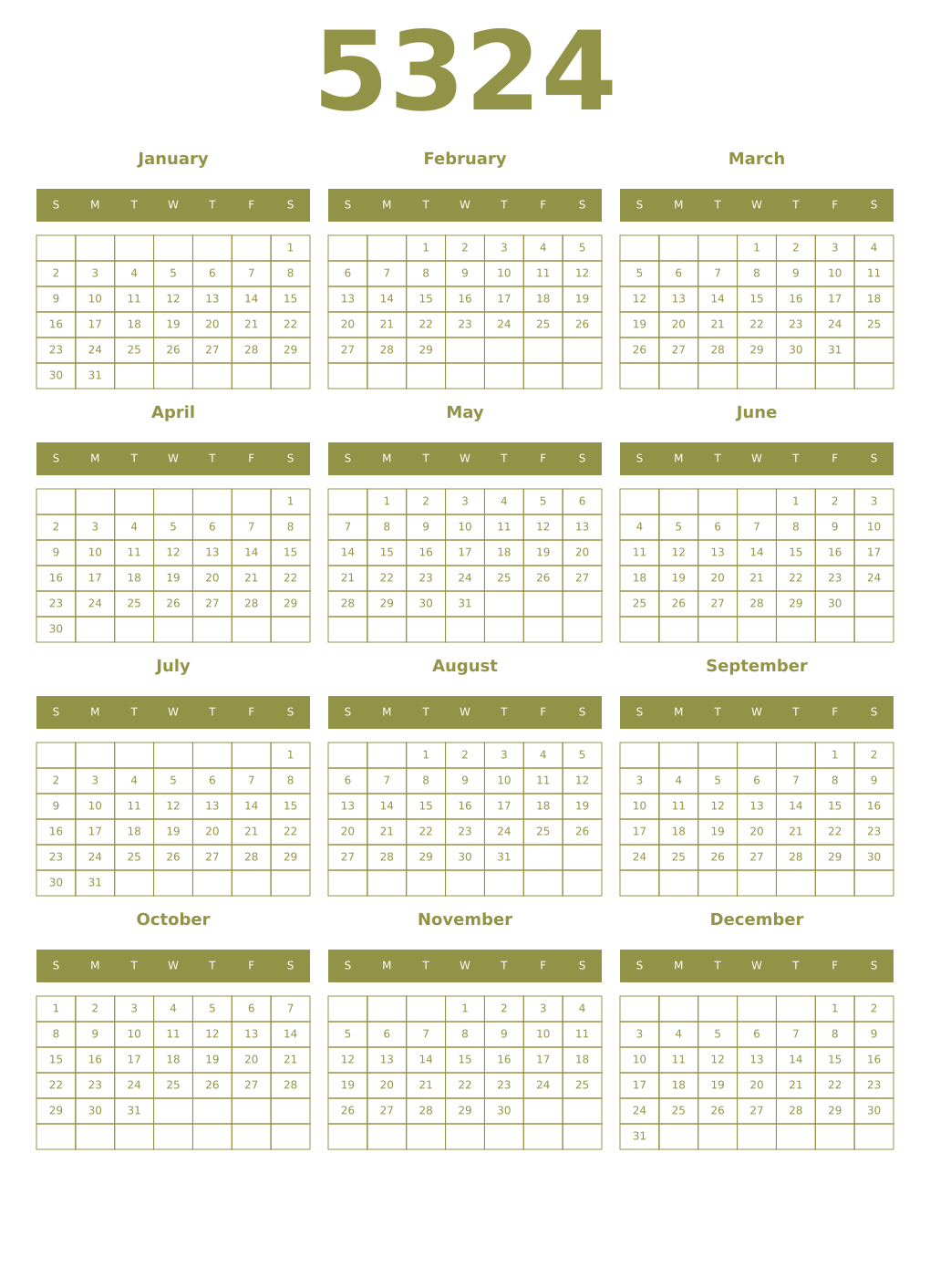 Printable 5324 Year Calendars eburnean