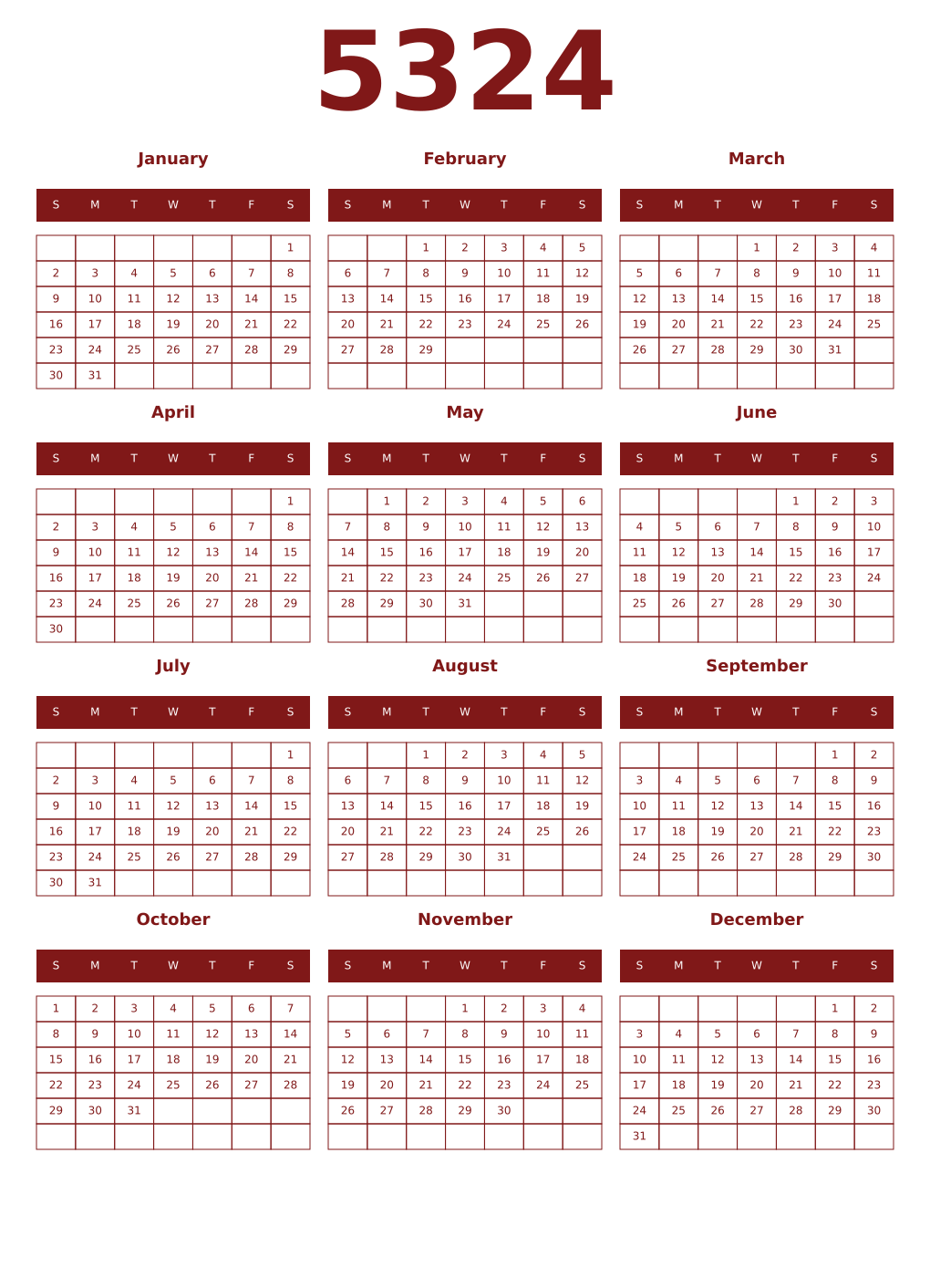 Printable 5324 Year Calendars falu
