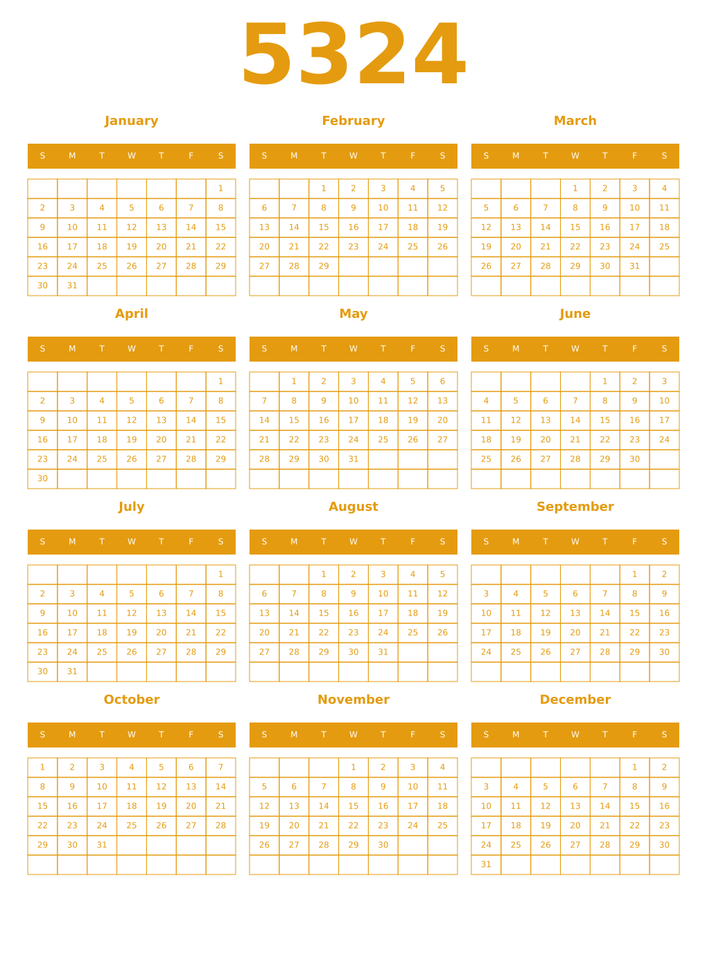 Printable 5324 Year Calendars gamboge