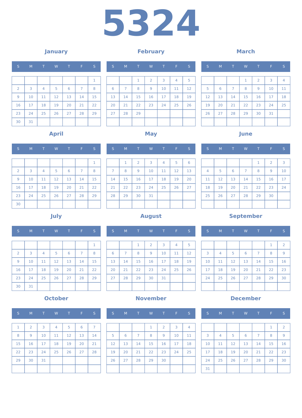 Printable 5324 Year Calendars glaucous