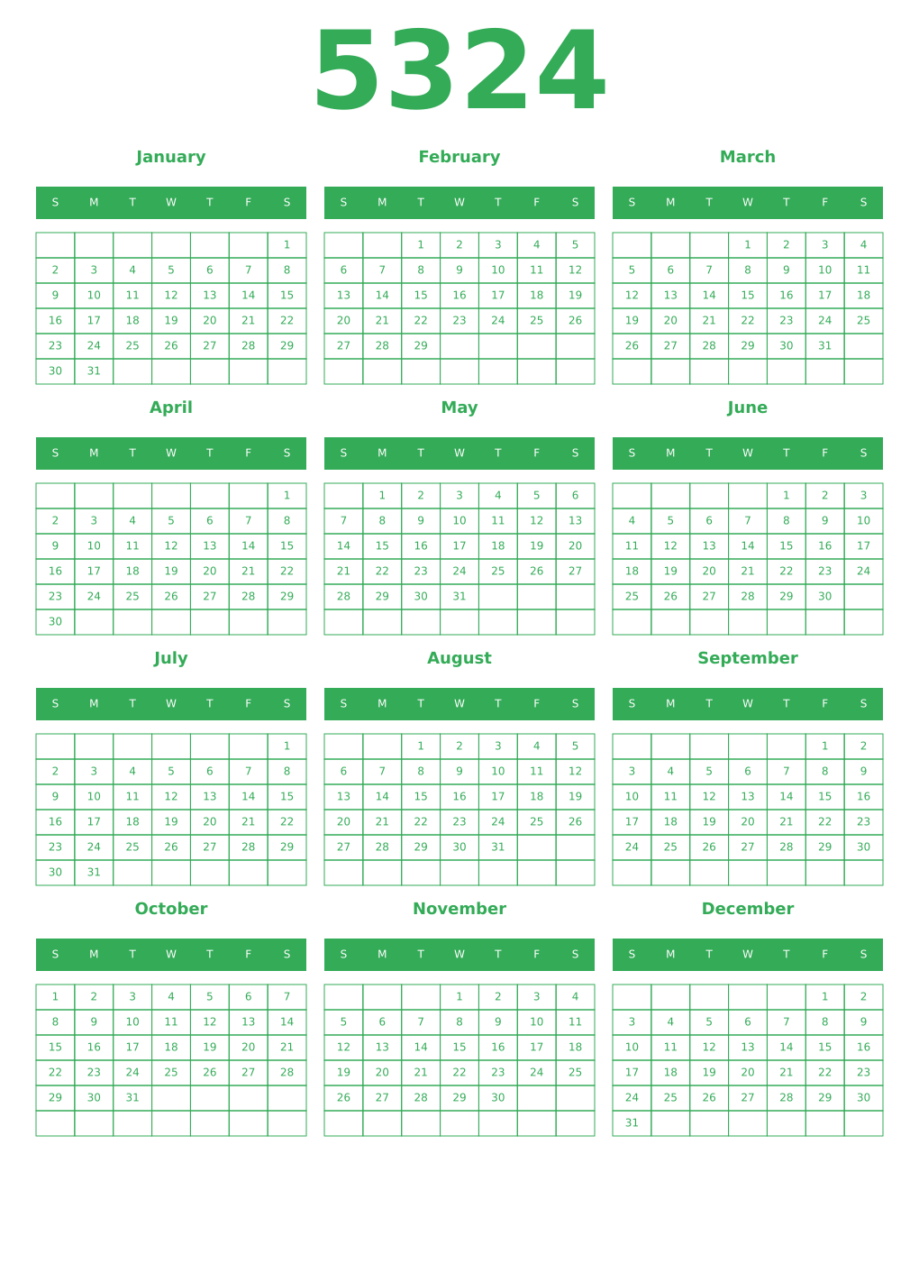 Printable 5324 Year Calendars green