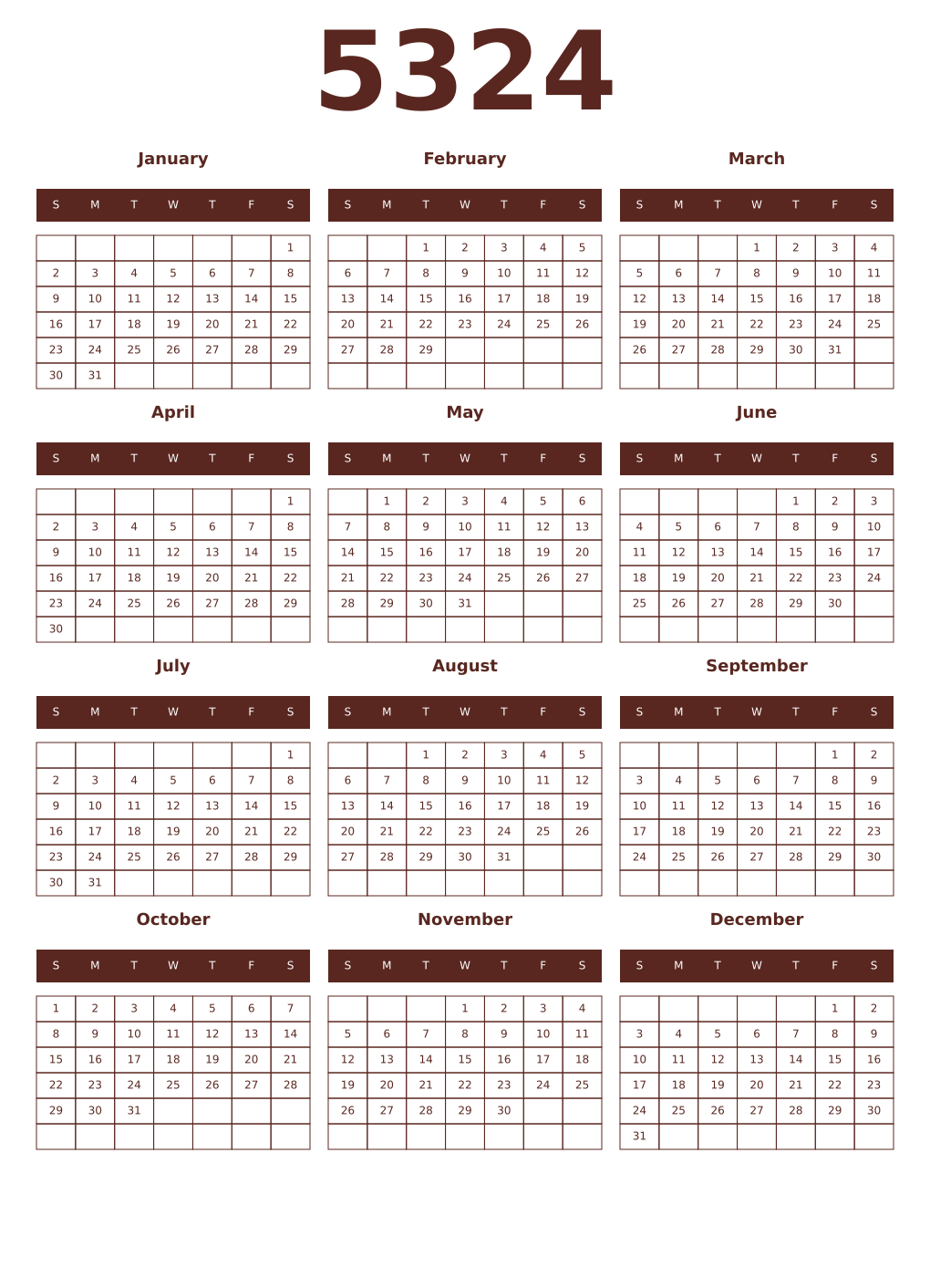 Printable 5324 Year Calendars mortuum