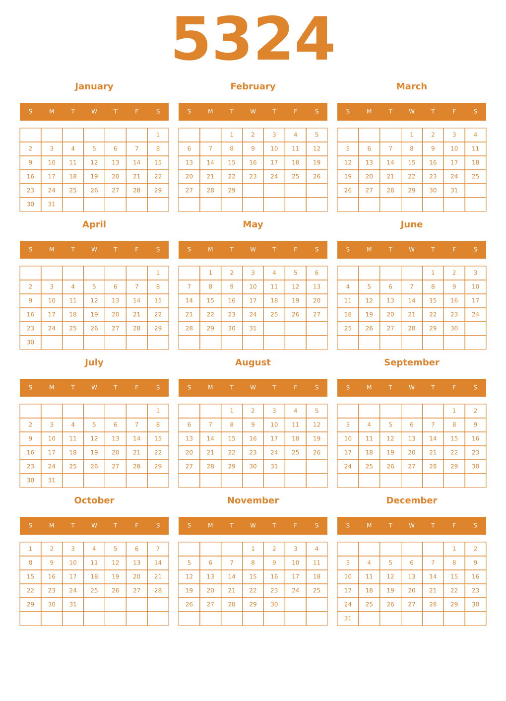 Printable 5324 Year Calendars orange