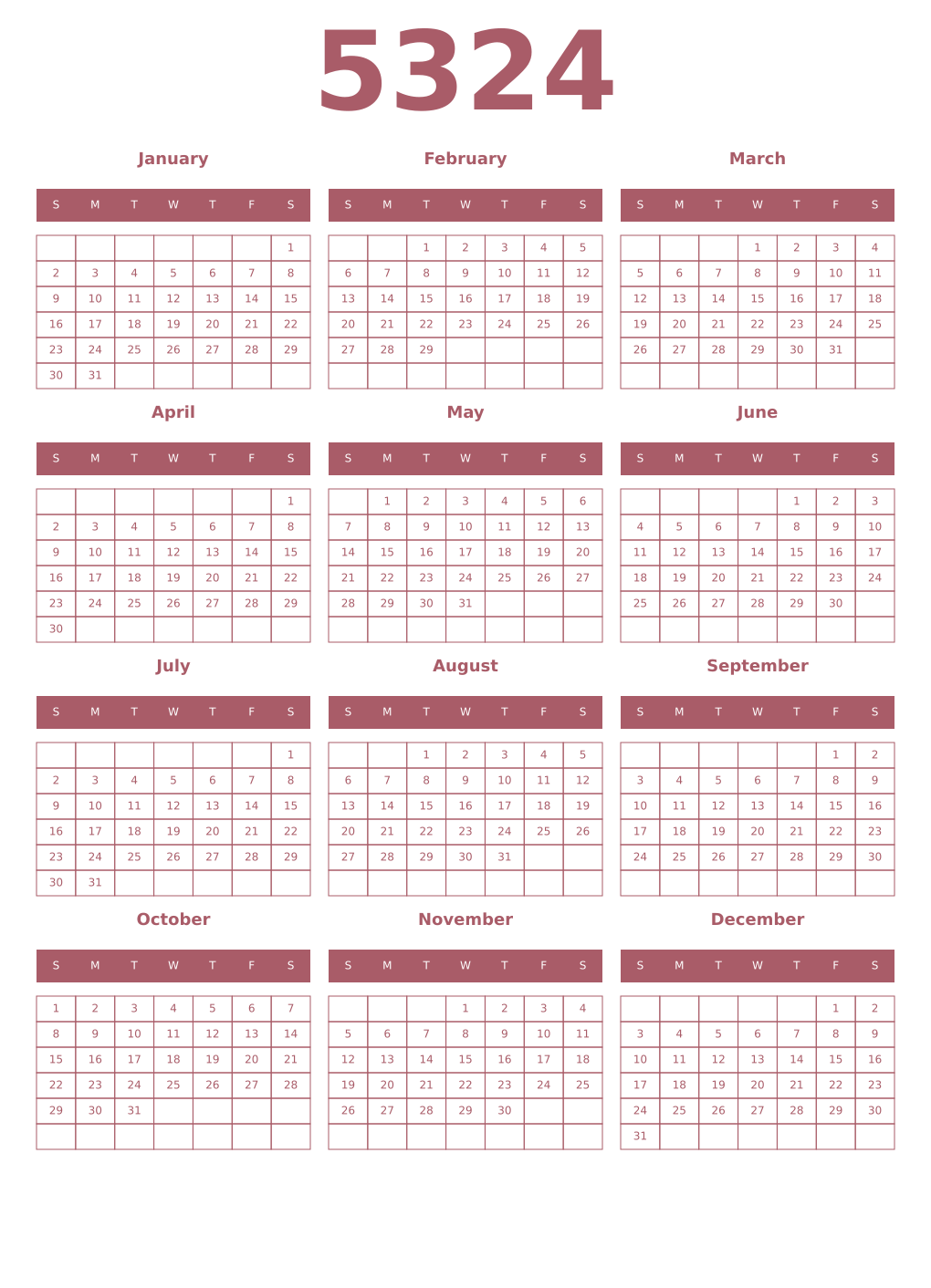 Printable 5324 Year Calendars puce