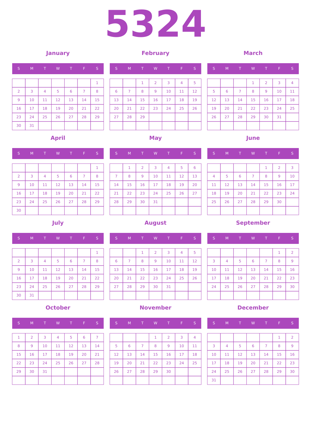 Printable 5324 Year Calendars purple