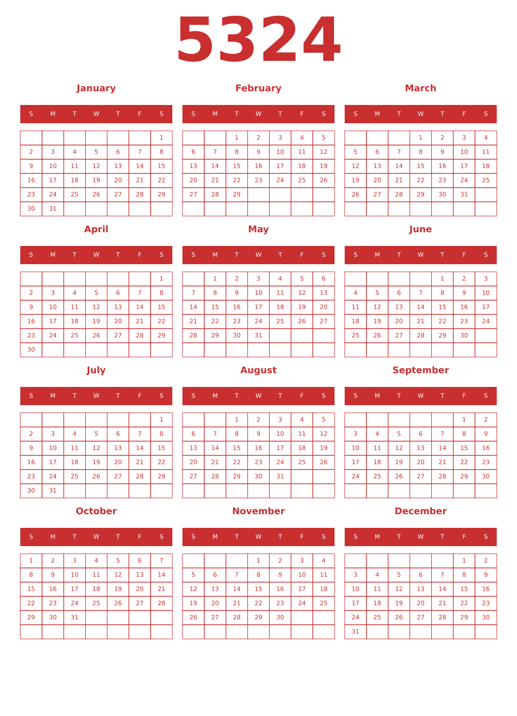Printable 5324 Year Calendars red