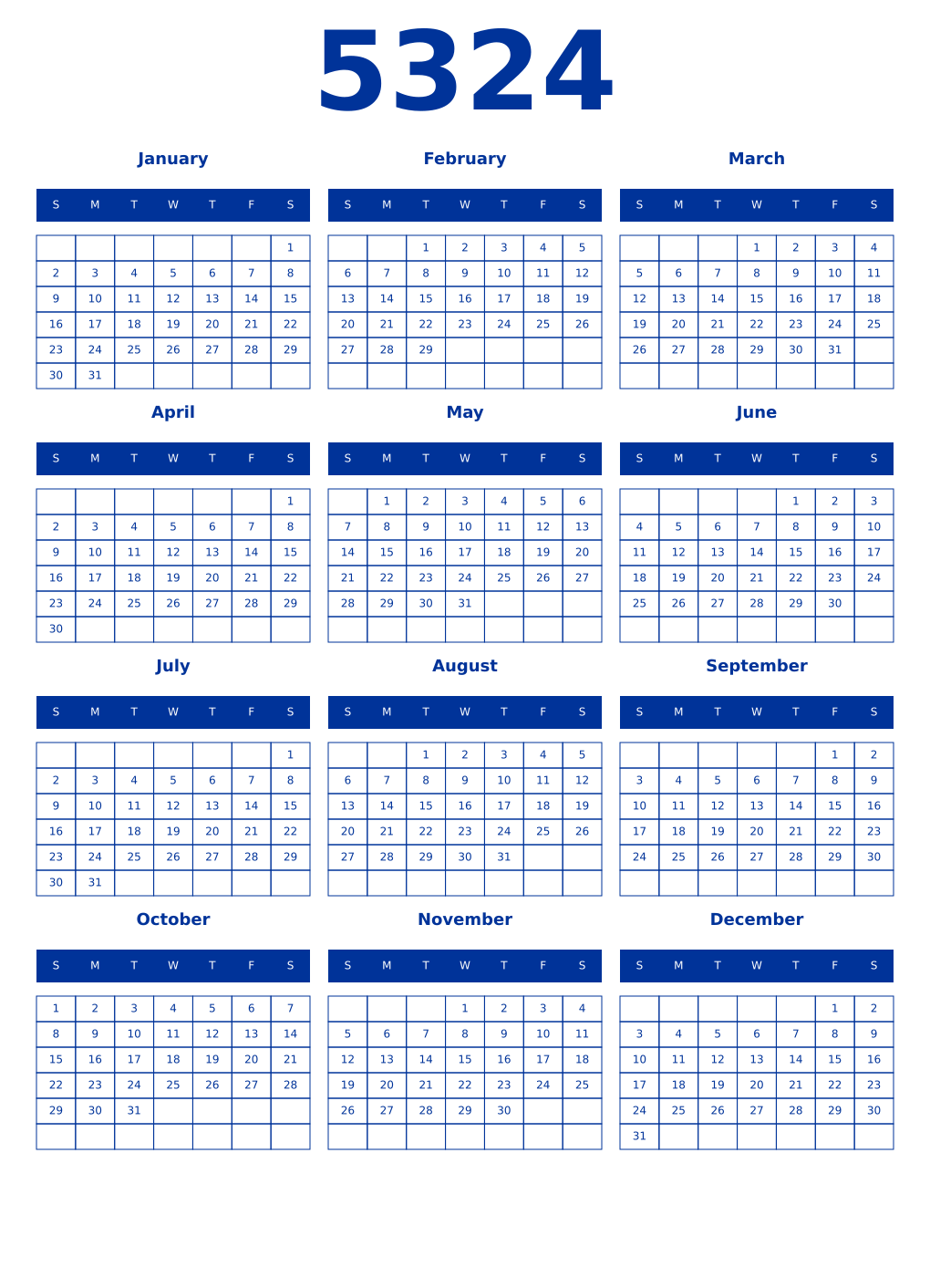 Printable 5324 Year Calendars smalt