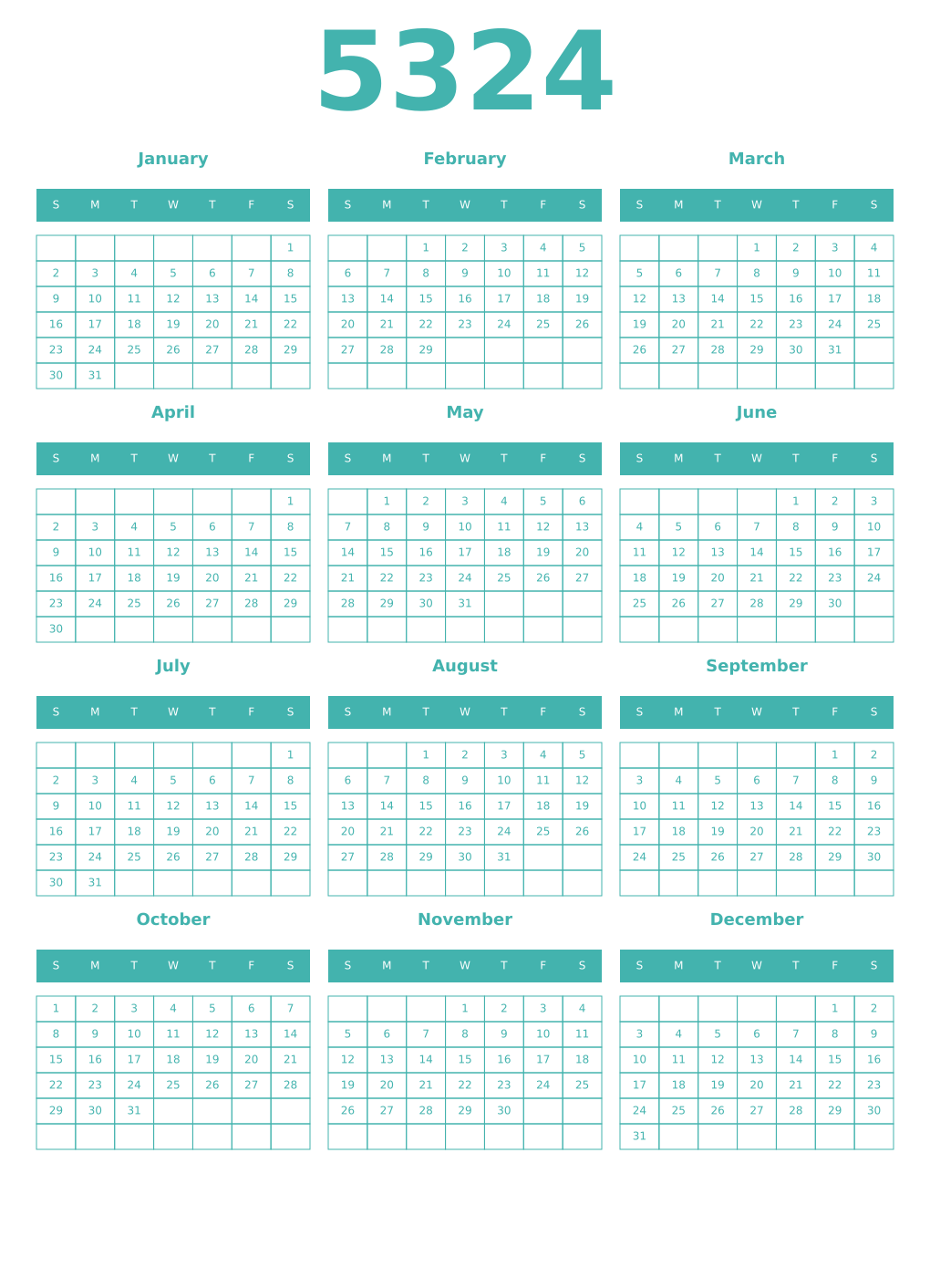 Printable 5324 Year Calendars verdigris