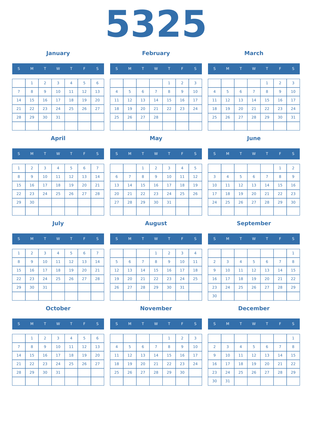 Printable 5325 Year Calendars blue