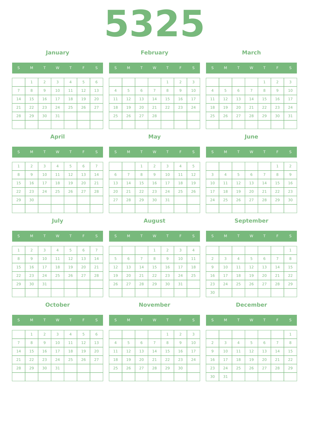 Printable 5325 Year Calendars celadon