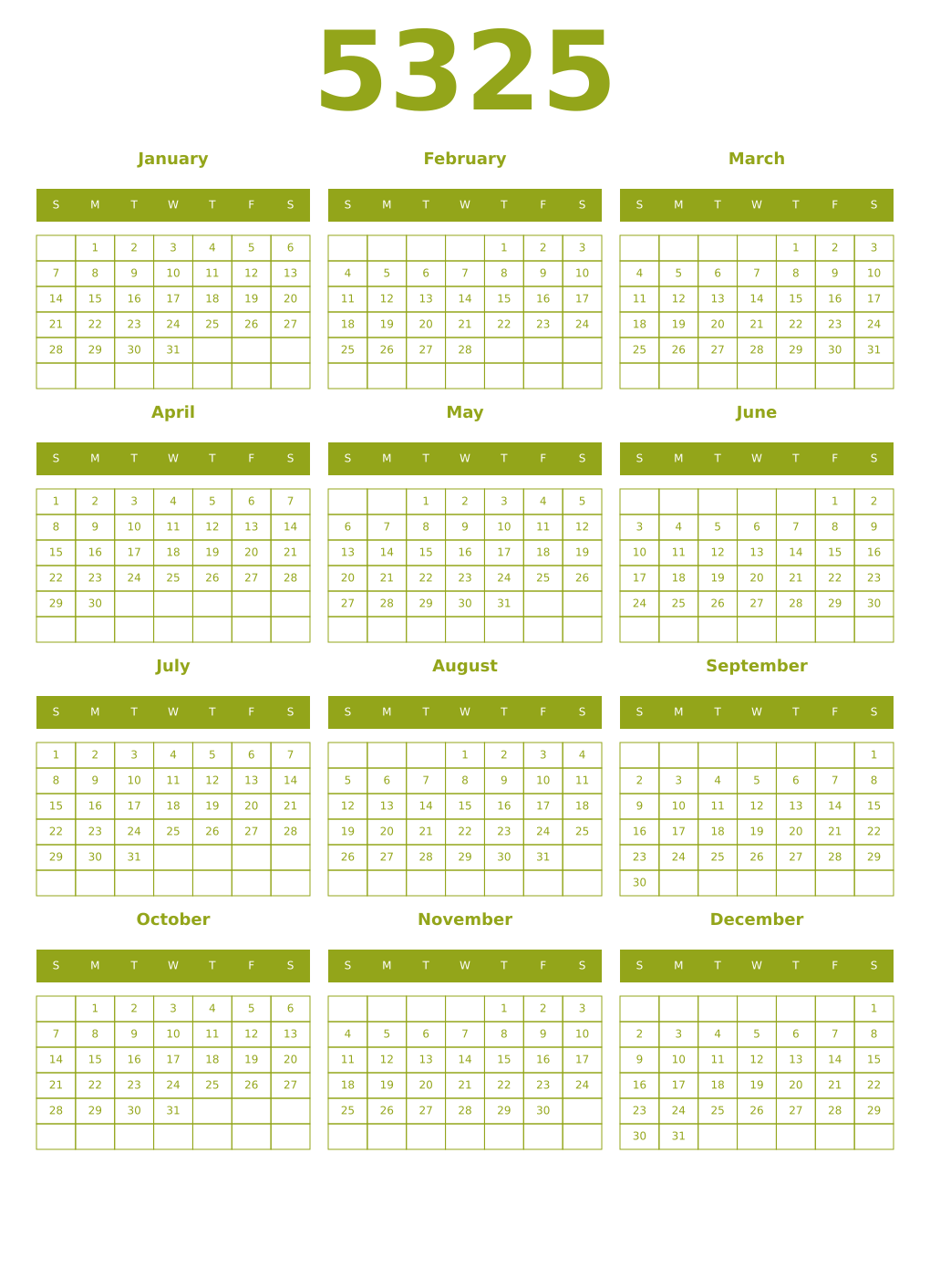 Printable 5325 Year Calendars chartreuse