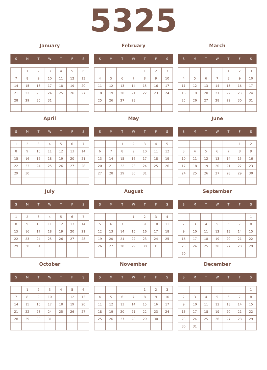 Printable 5325 Year Calendars coffe