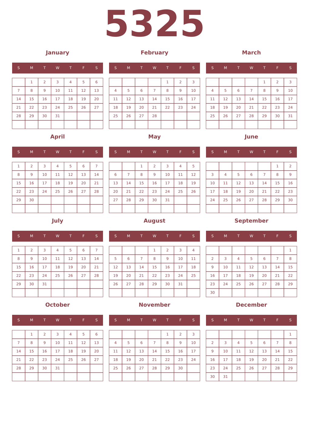 Printable 5325 Year Calendars cordovan