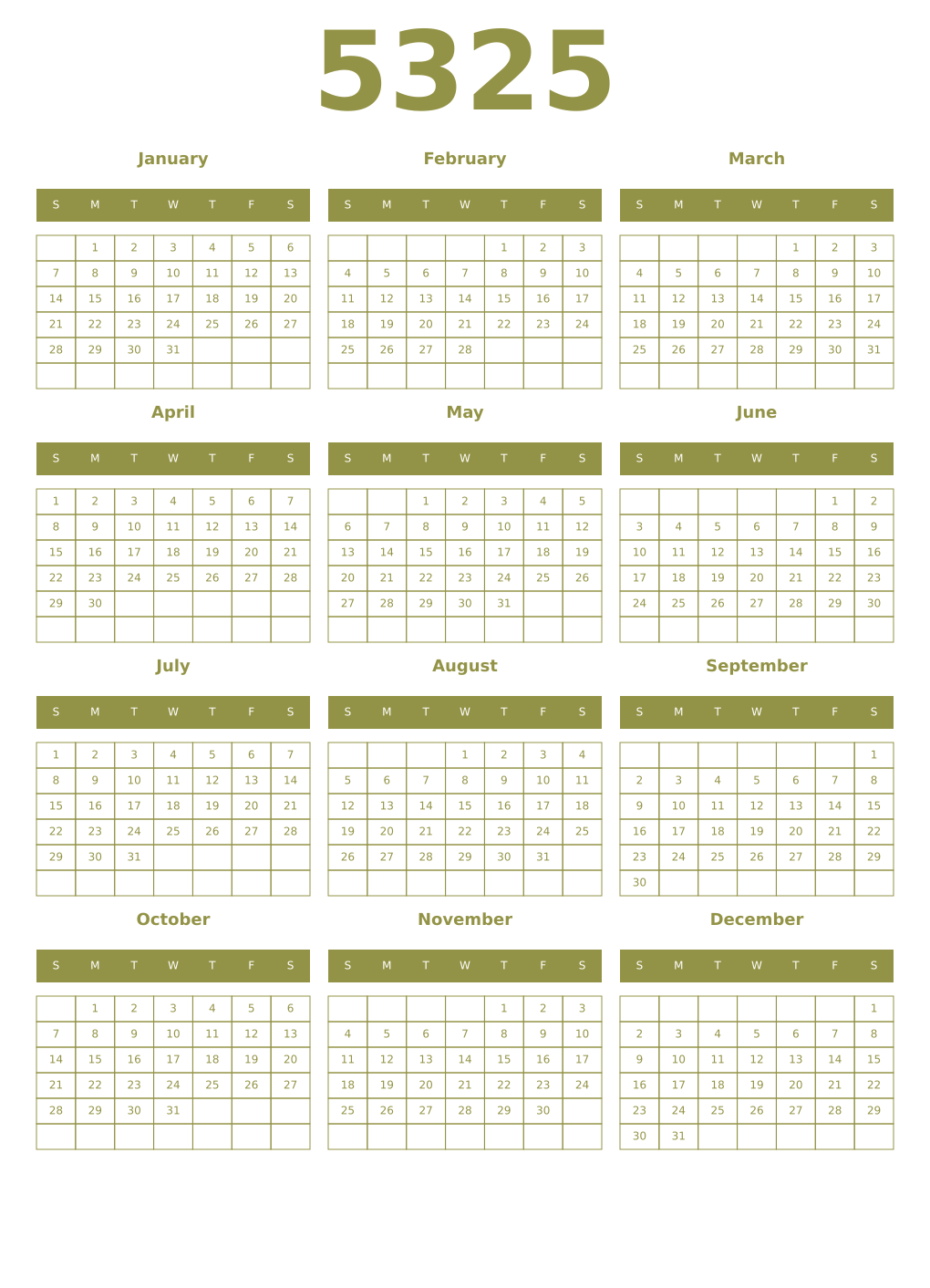 Printable 5325 Year Calendars eburnean