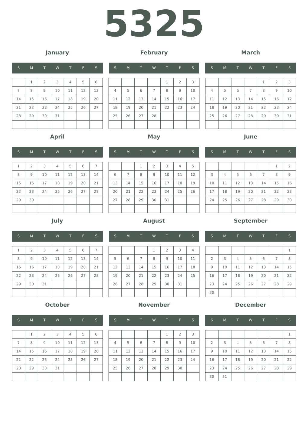 Printable 5325 Year Calendars feldgrau