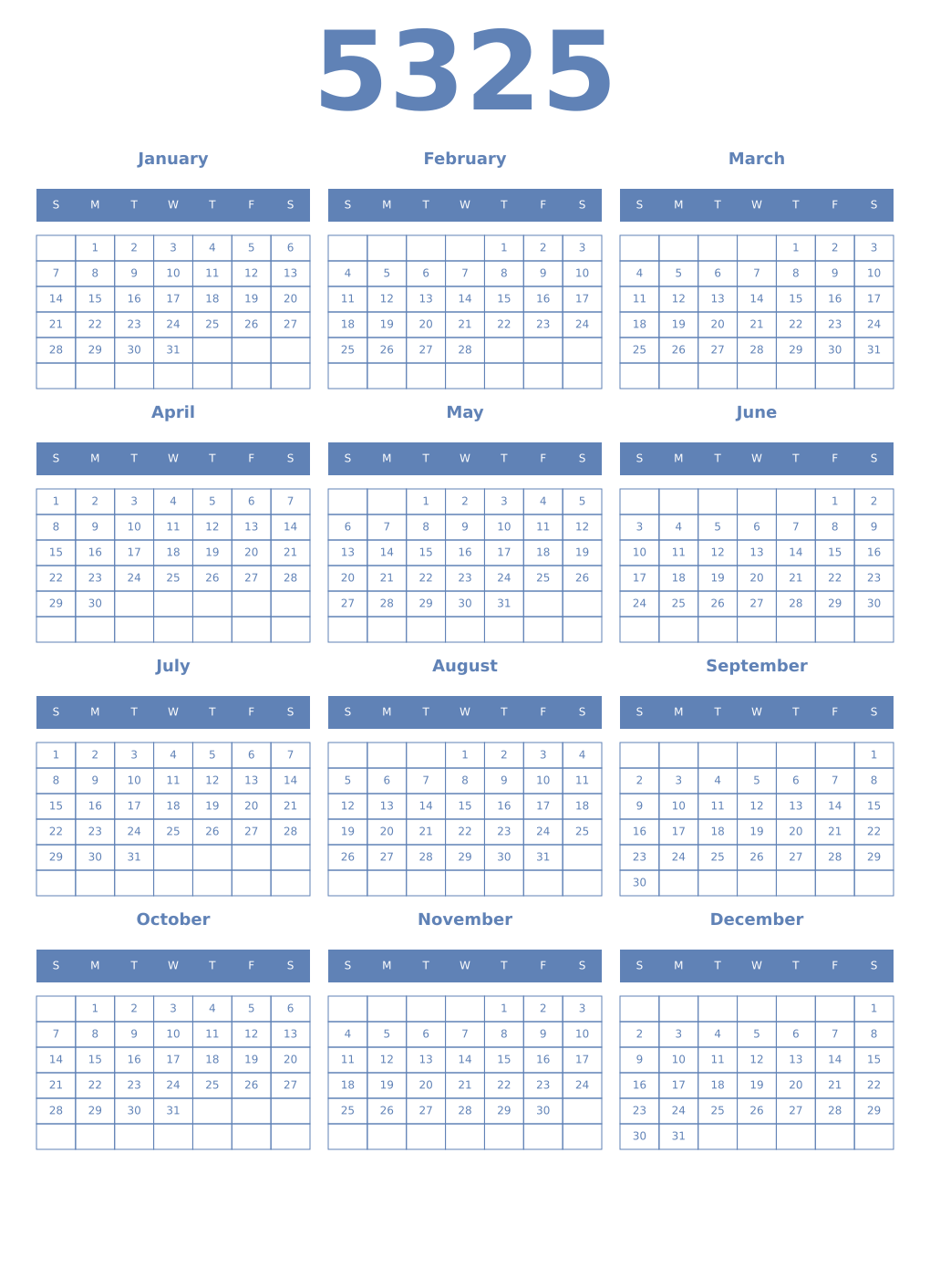 Printable 5325 Year Calendars glaucous