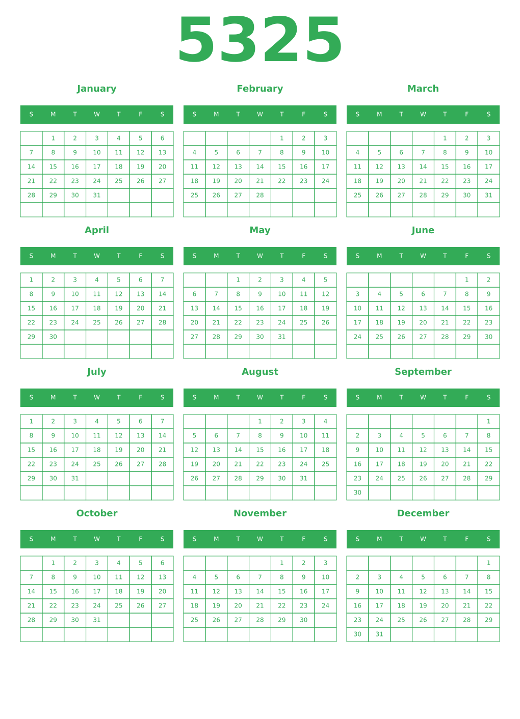 Printable 5325 Year Calendars green