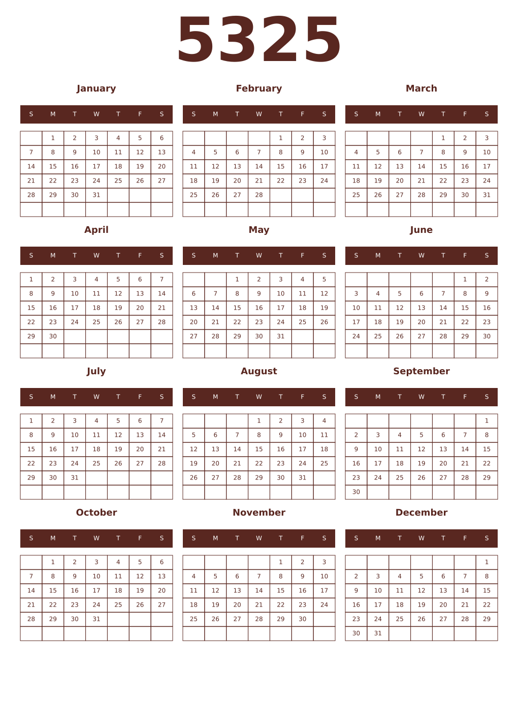Printable 5325 Year Calendars mortuum