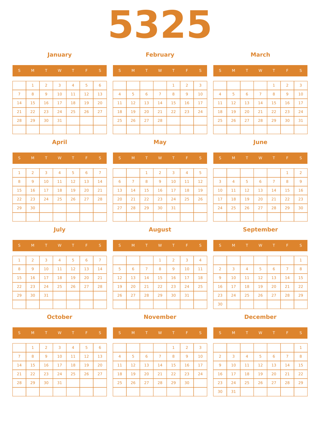 Printable 5325 Year Calendars orange