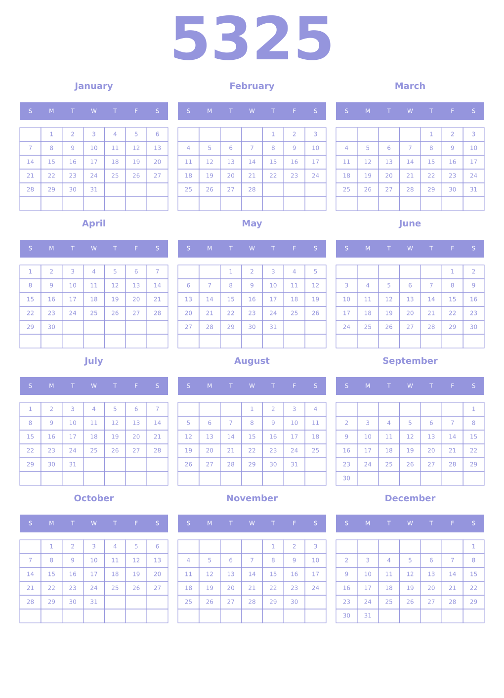 Printable 5325 Year Calendars periwinkle