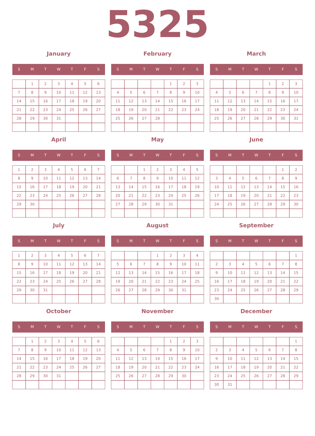 Printable 5325 Year Calendars puce