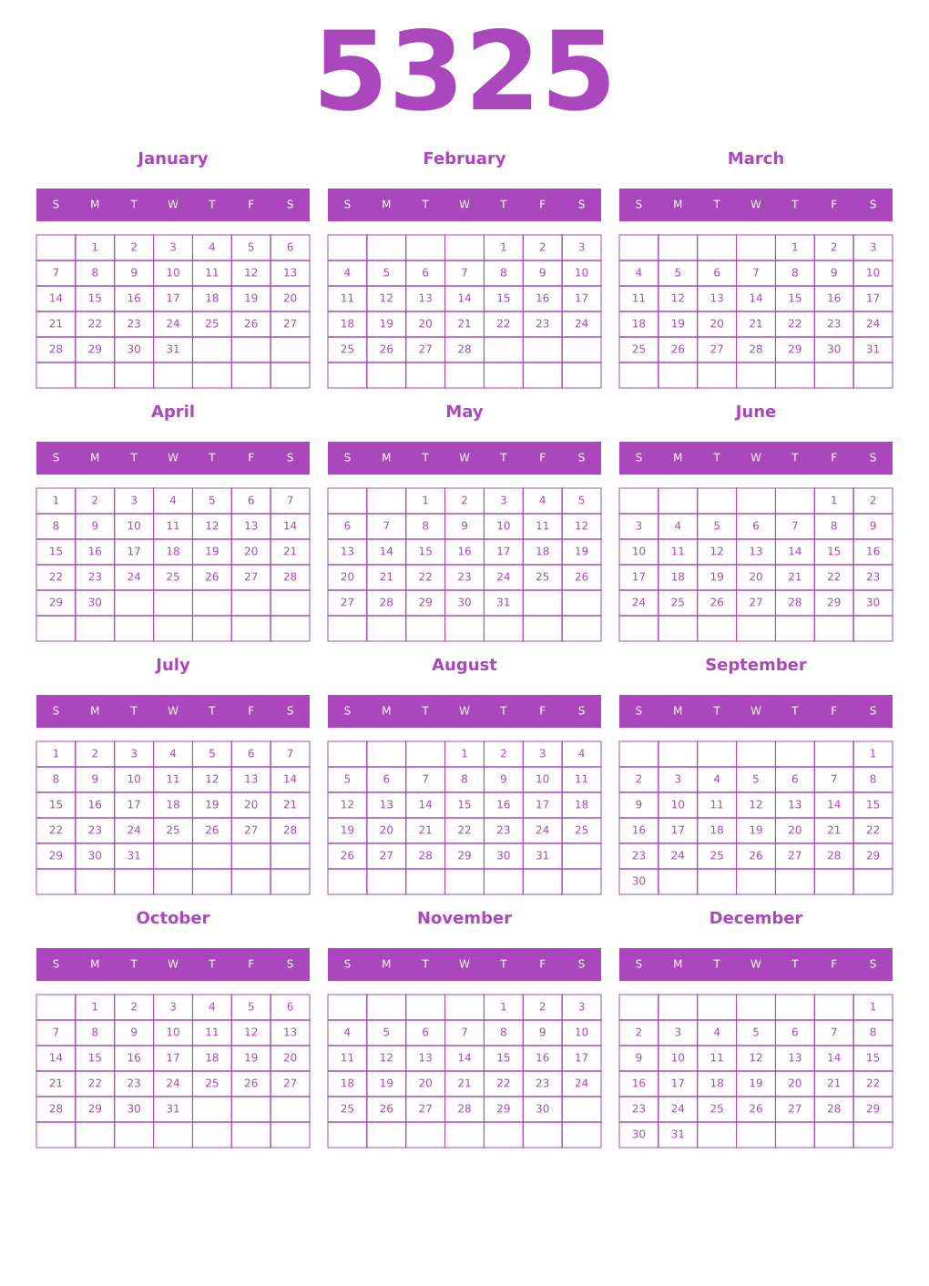 Printable 5325 Year Calendars purple