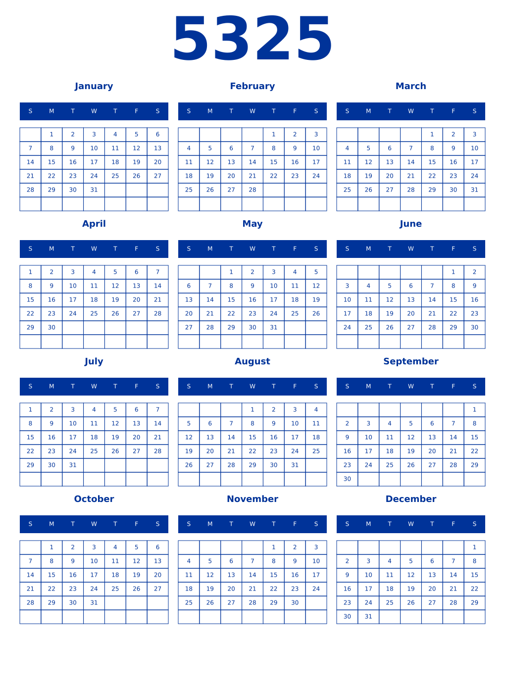 Printable 5325 Year Calendars smalt