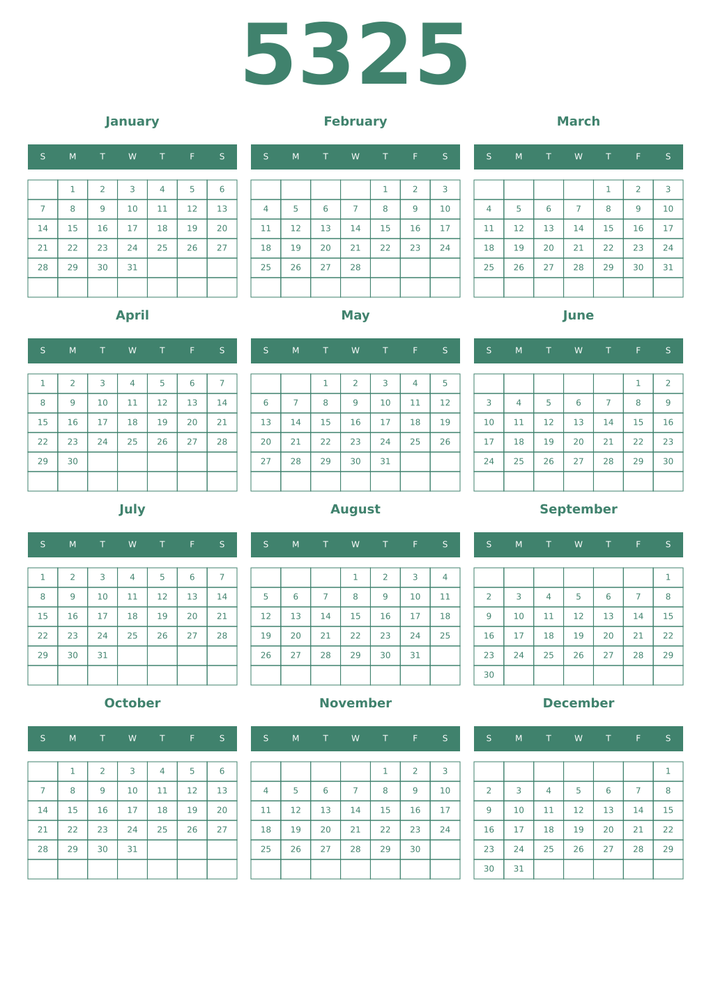 Printable 5325 Year Calendars viridian