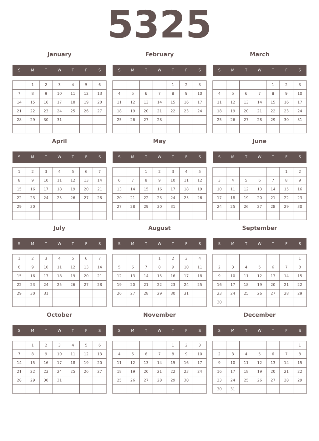 Printable 5325 Year Calendars wenge