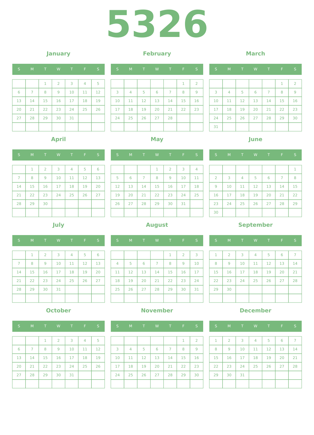 Printable 5326 Year Calendars celadon