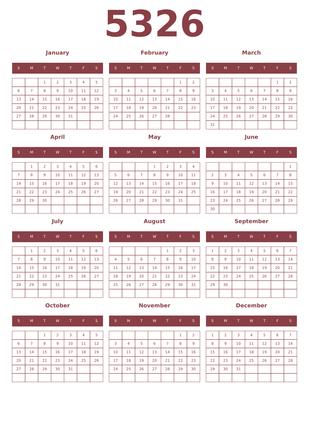 Printable 5326 Year Calendars cordovan