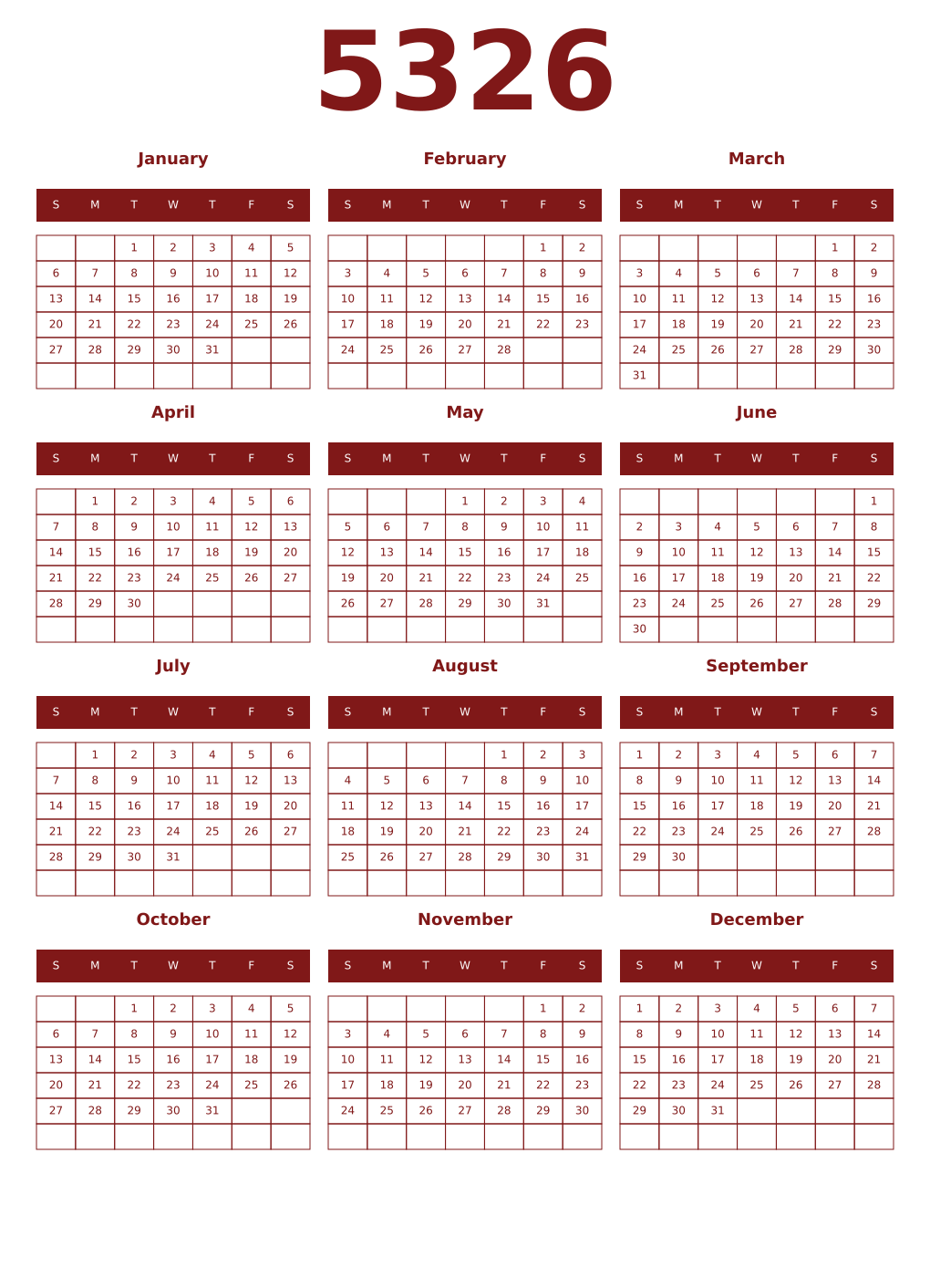 Printable 5326 Year Calendars falu