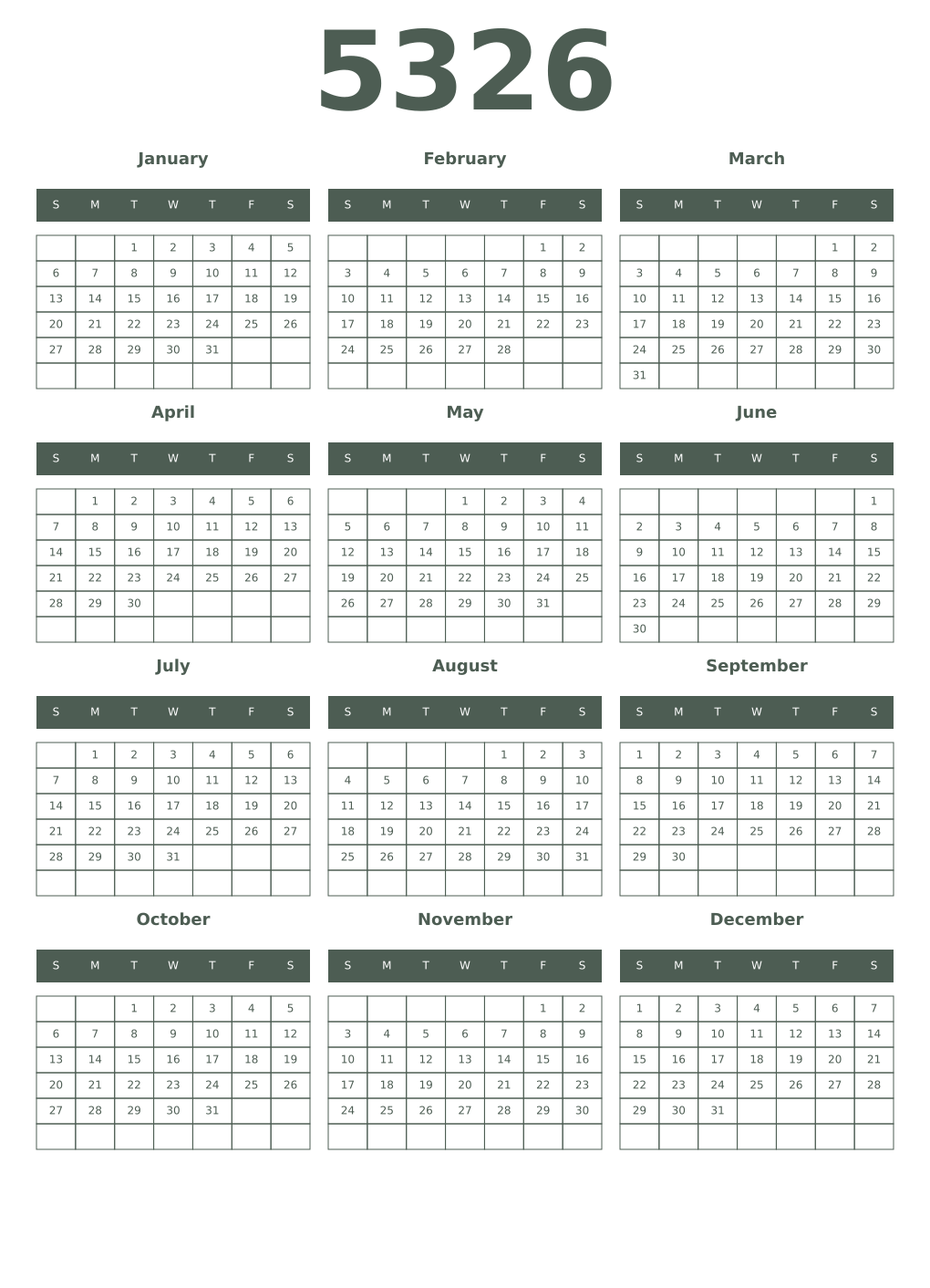 Printable 5326 Year Calendars feldgrau