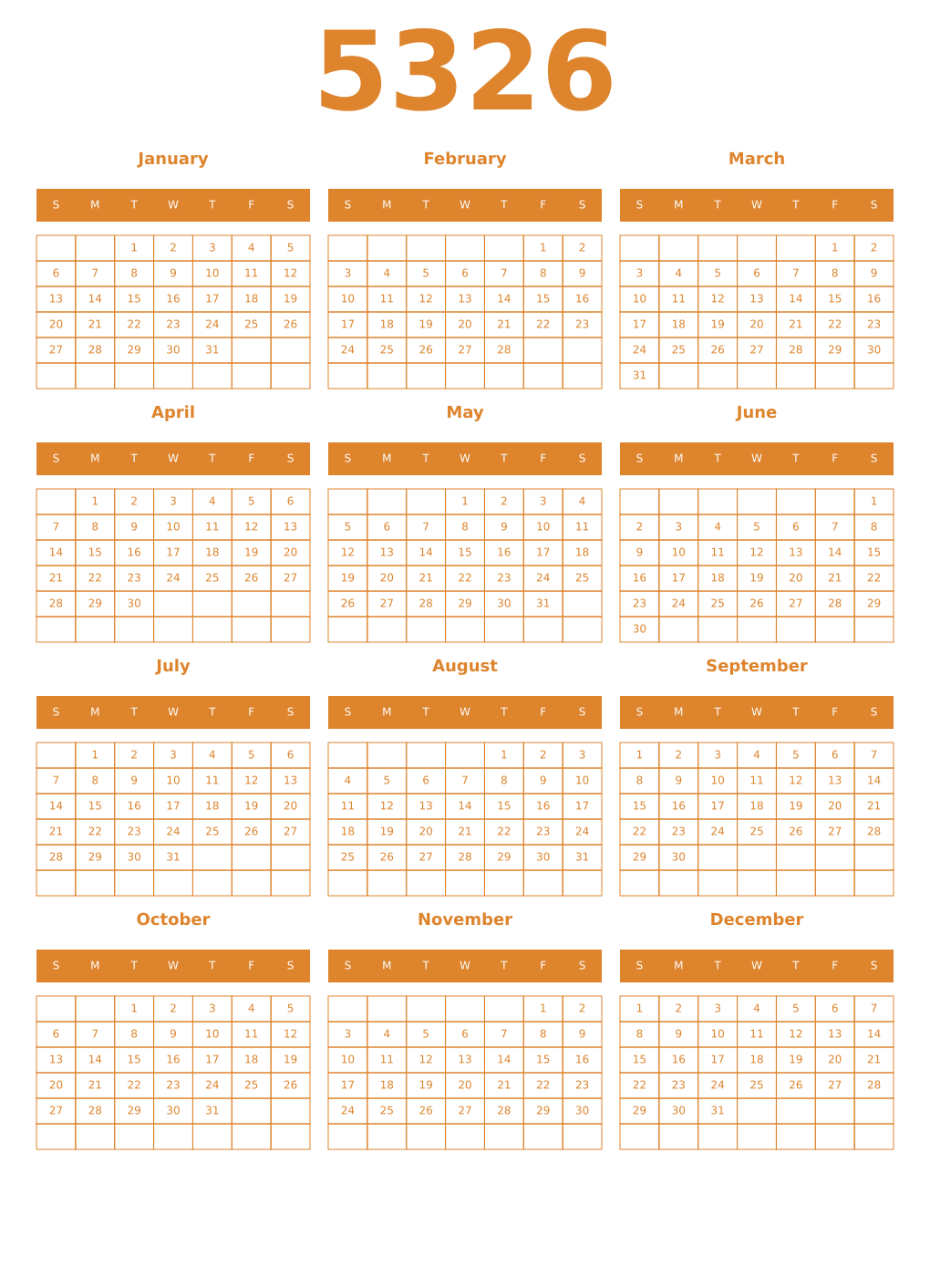 Printable 5326 Year Calendars orange