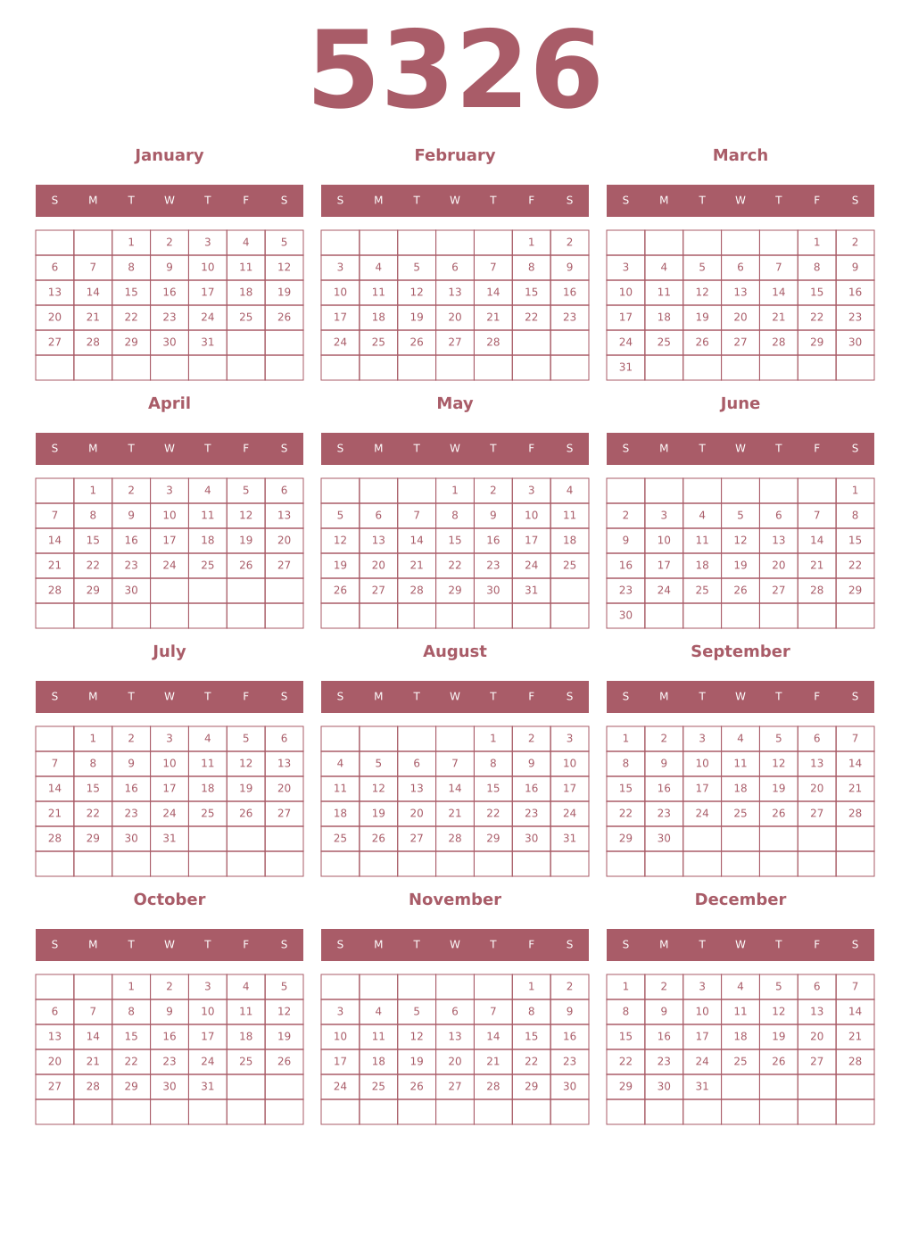 Printable 5326 Year Calendars puce