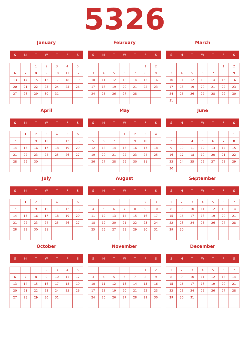 Printable 5326 Year Calendars red