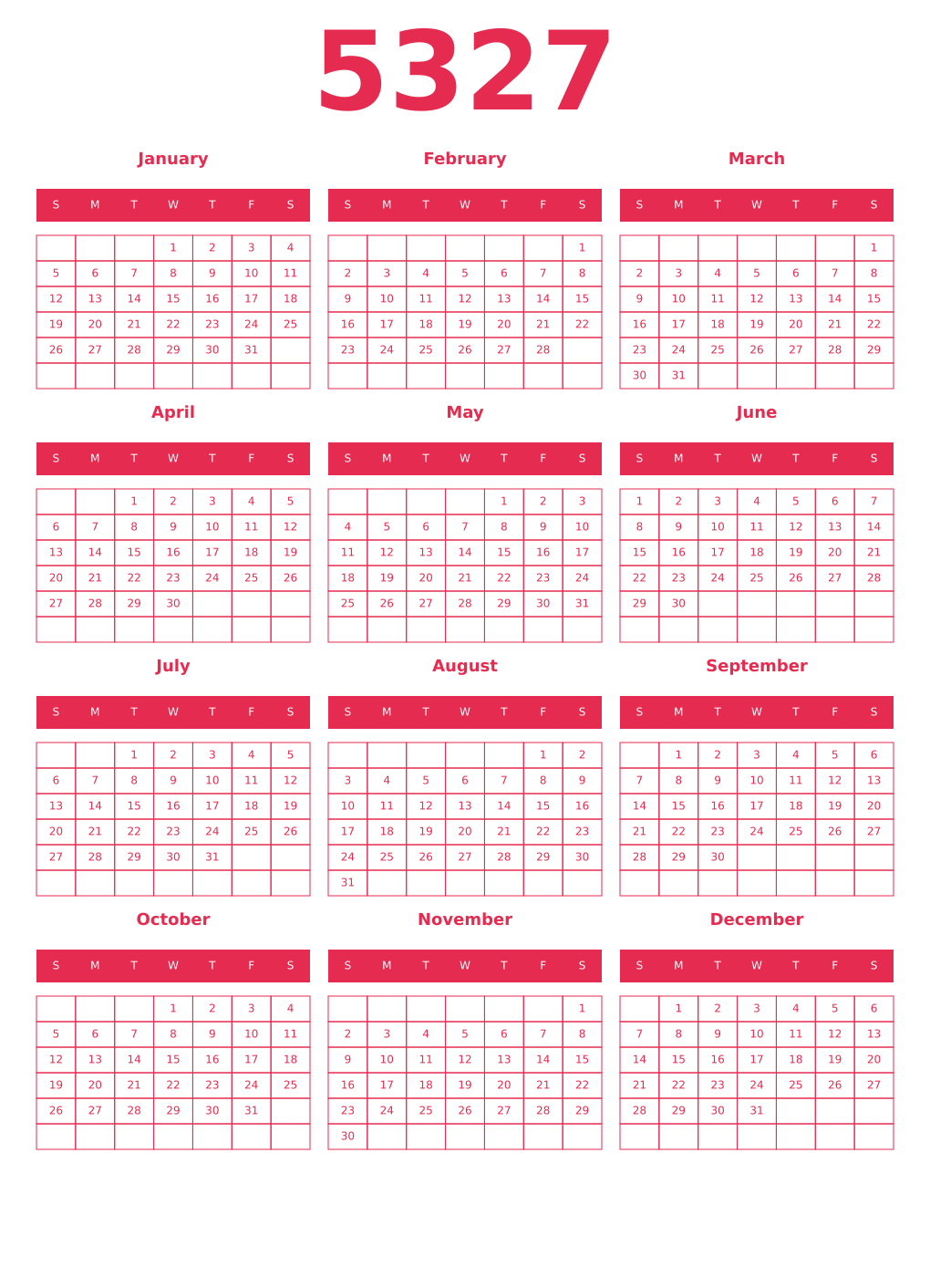 Printable 5327 Year Calendars amaranth