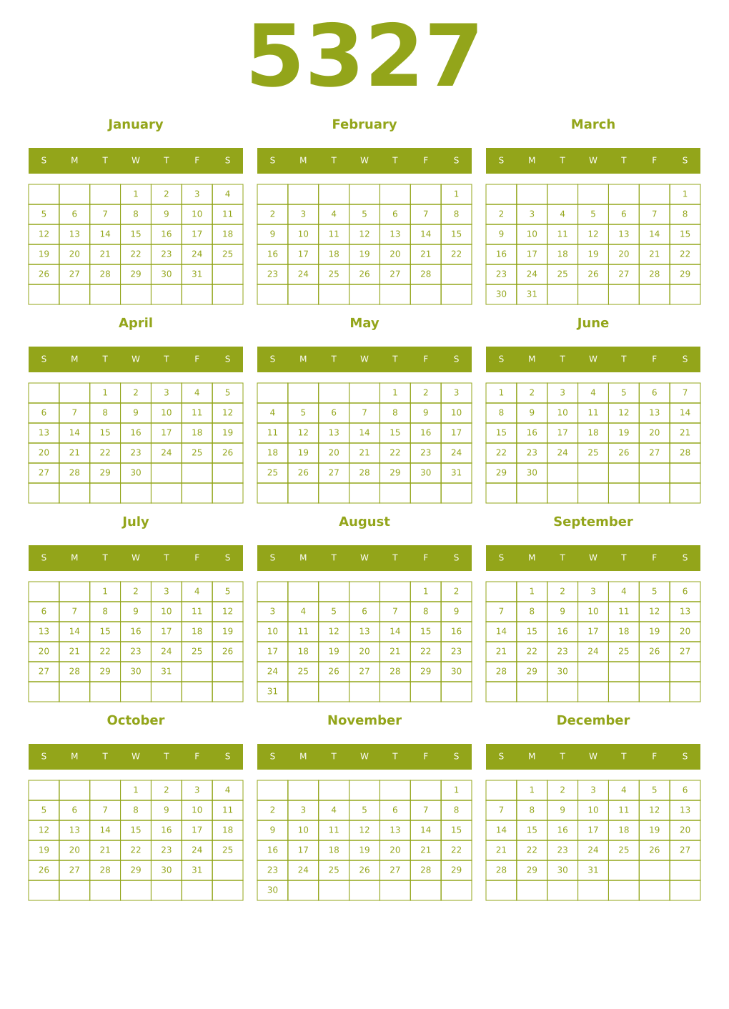 Printable 5327 Year Calendars chartreuse