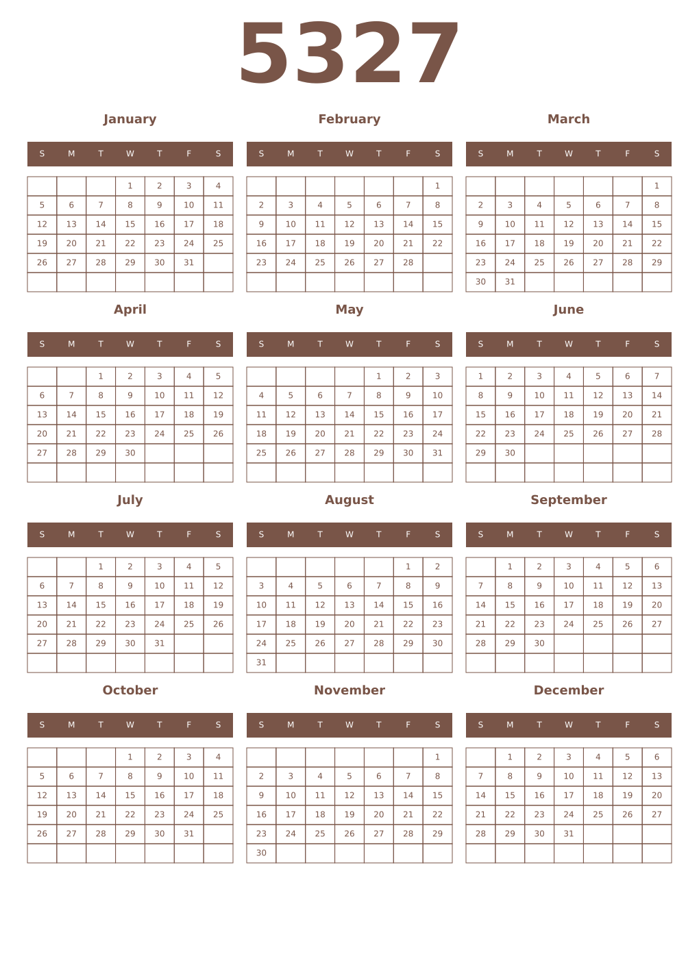 Printable 5327 Year Calendars coffe