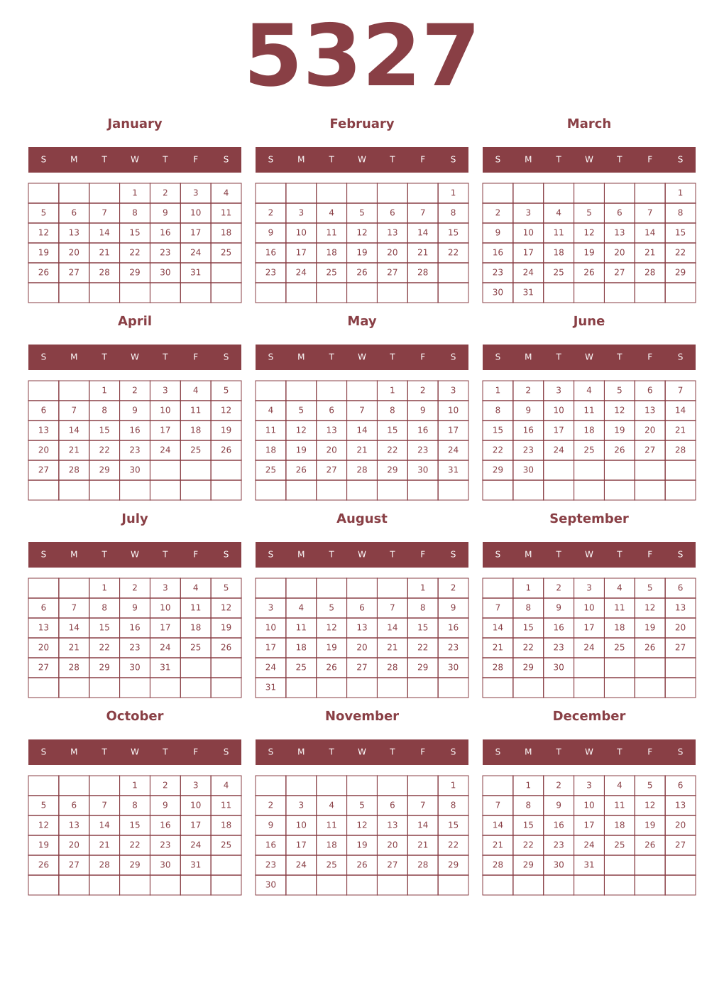 Printable 5327 Year Calendars cordovan
