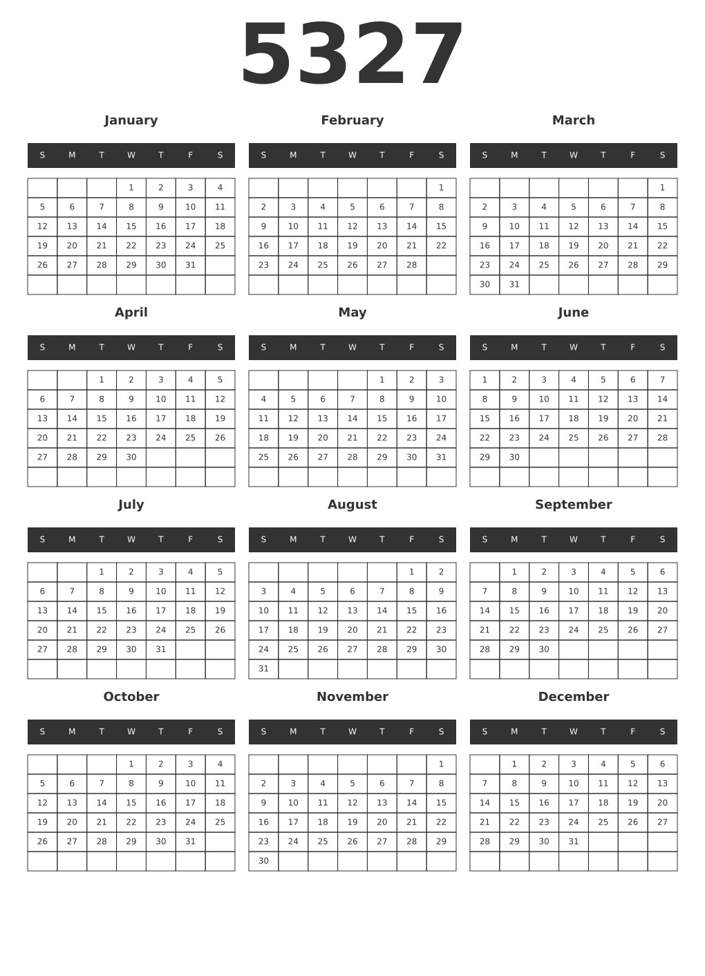Printable 5327 Year Calendars dark