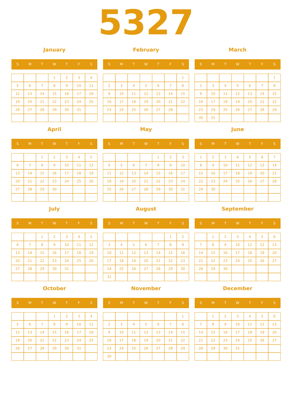 Printable 5327 Year Calendars gamboge